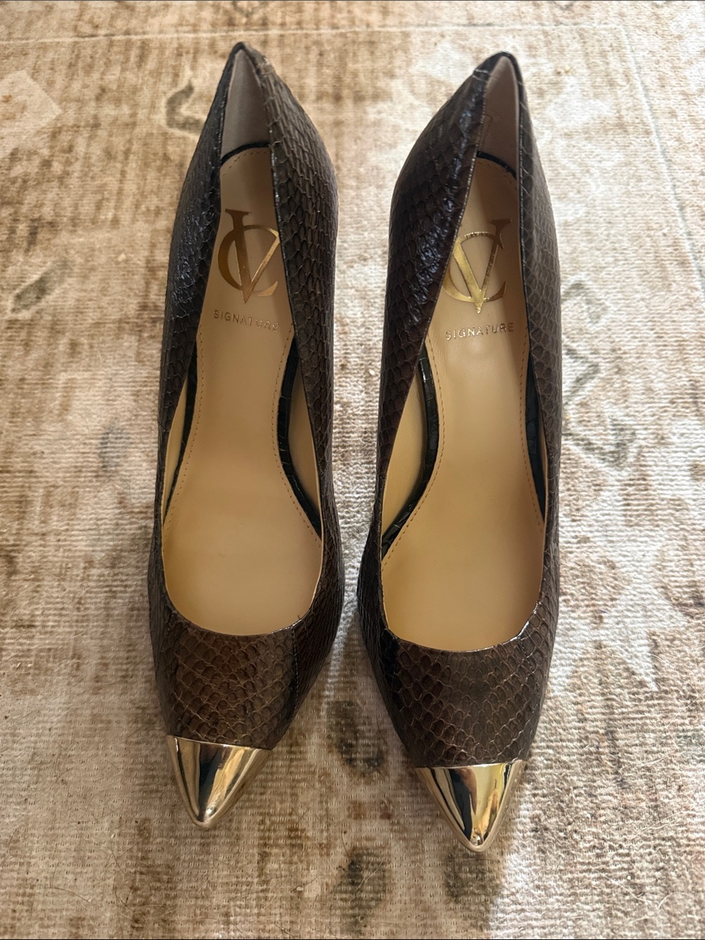 Vero Cuoio Dark Brown Snake-Embossed Pumps with Gold Cap Toe